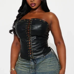 A Piece Of Work Faux Leather Lace Up Top