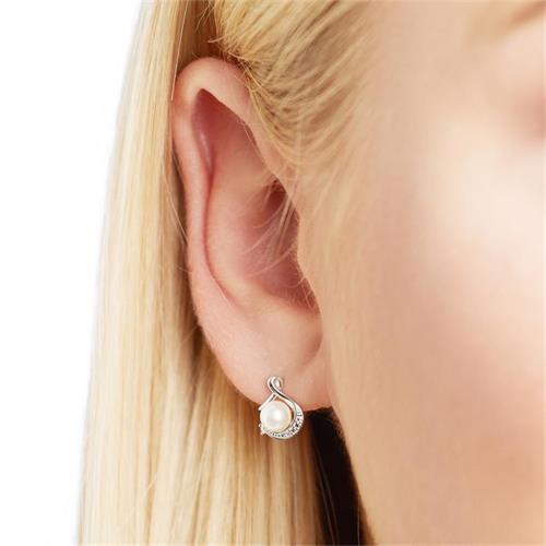 Unique Pearl Earring in 14K White Gold with Brilliant-Cut Diamonds